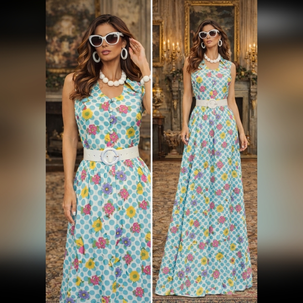 YVES JENNET Peck & Peck Fifth Avenue Floral Polka Dot Maxi Dress 1970s